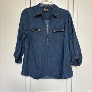 Anne Klein Blue Denim Chambray 1/2 Zip 3/4 Sleeve Shirt